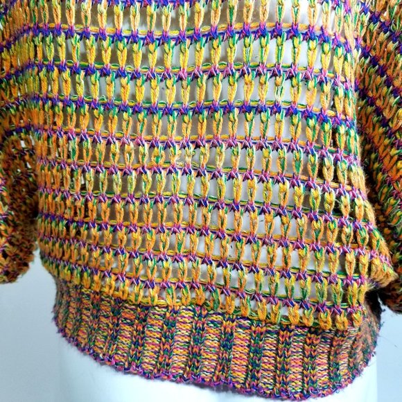 Lipstick Cropped Open Knit Sweater 80s Large Short Sleeve Dance Yellow Blue Purp - Picture 3 of 9